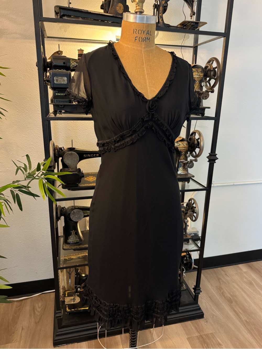 Black V-Neck Ruffle-Detail dress